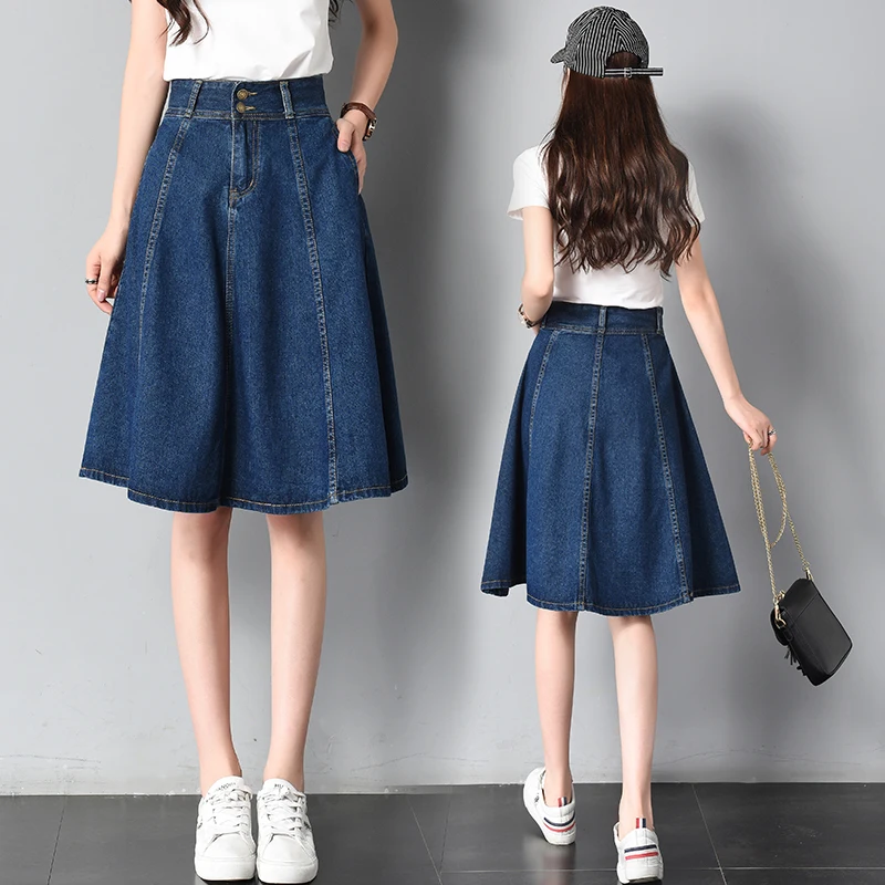 high waist denim skirts women summer pockets midi jeans skirt ladies korean casual skirts jupe femme faldas