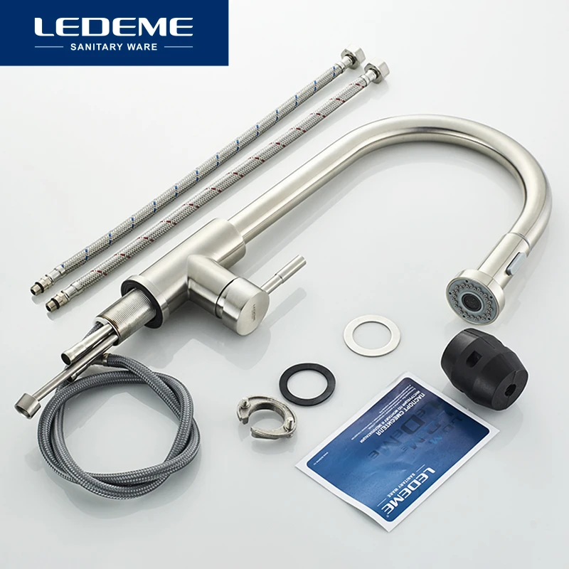 LEDEME Kitchen Faucet 360 Degree Rotation Pull Out Tap Sink Mixer Taps Brushed Stainless Steel Kitchen Faucets L76005-1