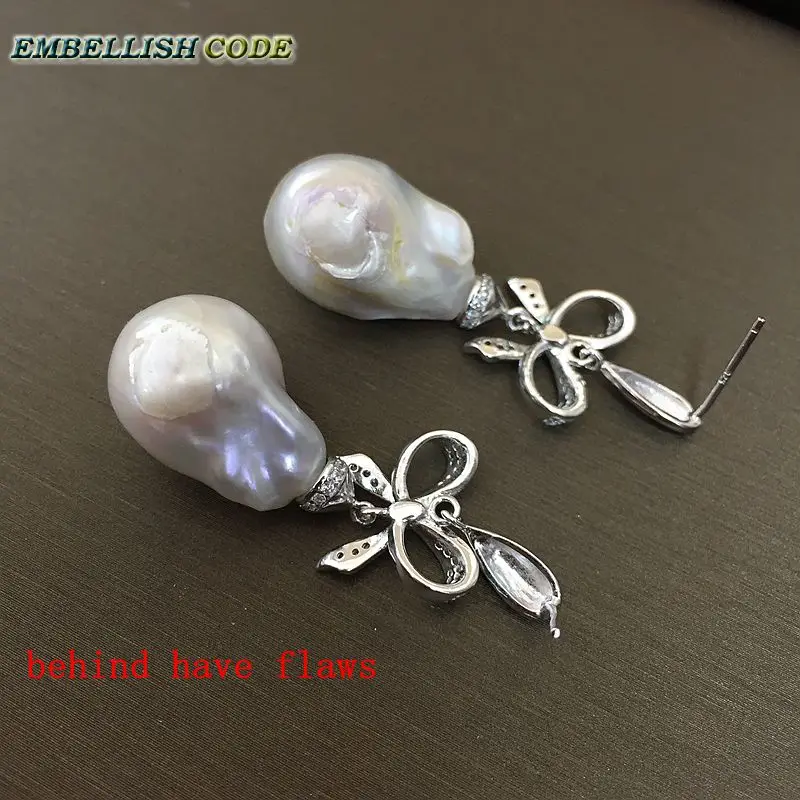 baroque pearls Bowknot style noble dangle earrings white color flame ball tissue nucleated freshwater pearl for women