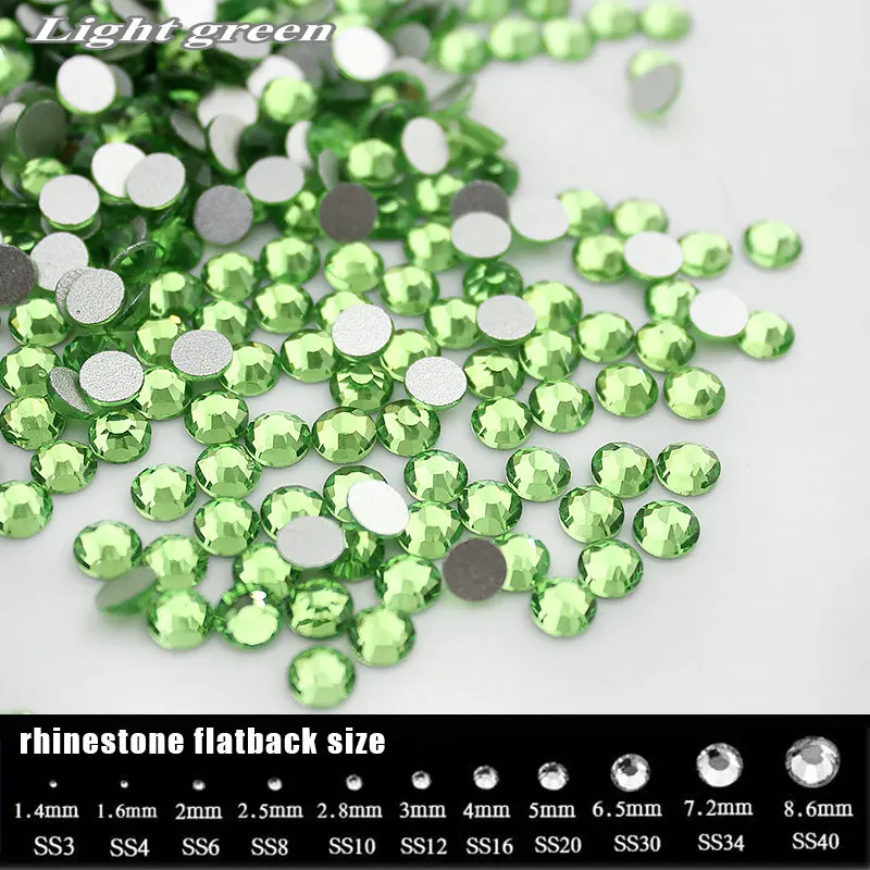 SS4-SS34 Light Green Crystal Glass Rhinestone for Nail Art, Flat back Non Hotfix Rhinestones Glue on 3D Decoration