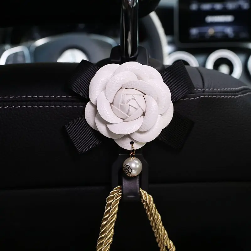 Hurtownia 2szt Pearl Camellia Flowers Car Seat Back Hooks for Bags Hanger Holder Auto Organizer Headrest Mount Storage Clips