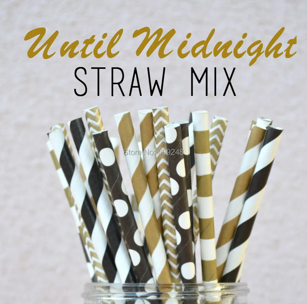 125 Pcs Mixed Colors Until Midnigh Black and Gold Party Paper Straws,Gold Stripe Chevron,Black Stripe and Black with White Dots.