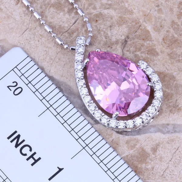 Pink White CZ Silver Plated Jewelry Sets Earrings Necklace Pendant Ring Size 6 / 7 / 8 / 9 / 10 S0003