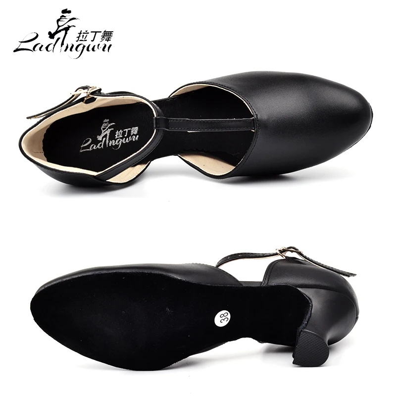 Ladingwu Hot Selling Women\'s Genuine Leather Shoes Ballroom Dance Competition Shoes Black Latin Dance Shoes Heel 6/7/7.5/8.3cm