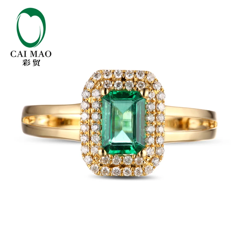 0.6ct Natural Green Emerald Double Halo Diamond Engagement Ring In 14k Yellow Gold