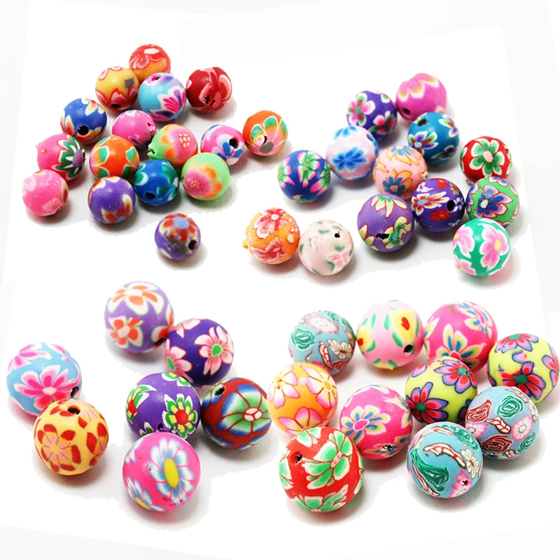 10-20Pcs/Lot 6 8 10 12 14mm Polymer Clay Beads Printing Flower Pattern Round Loose Beads Mix Color For Jewelry Making