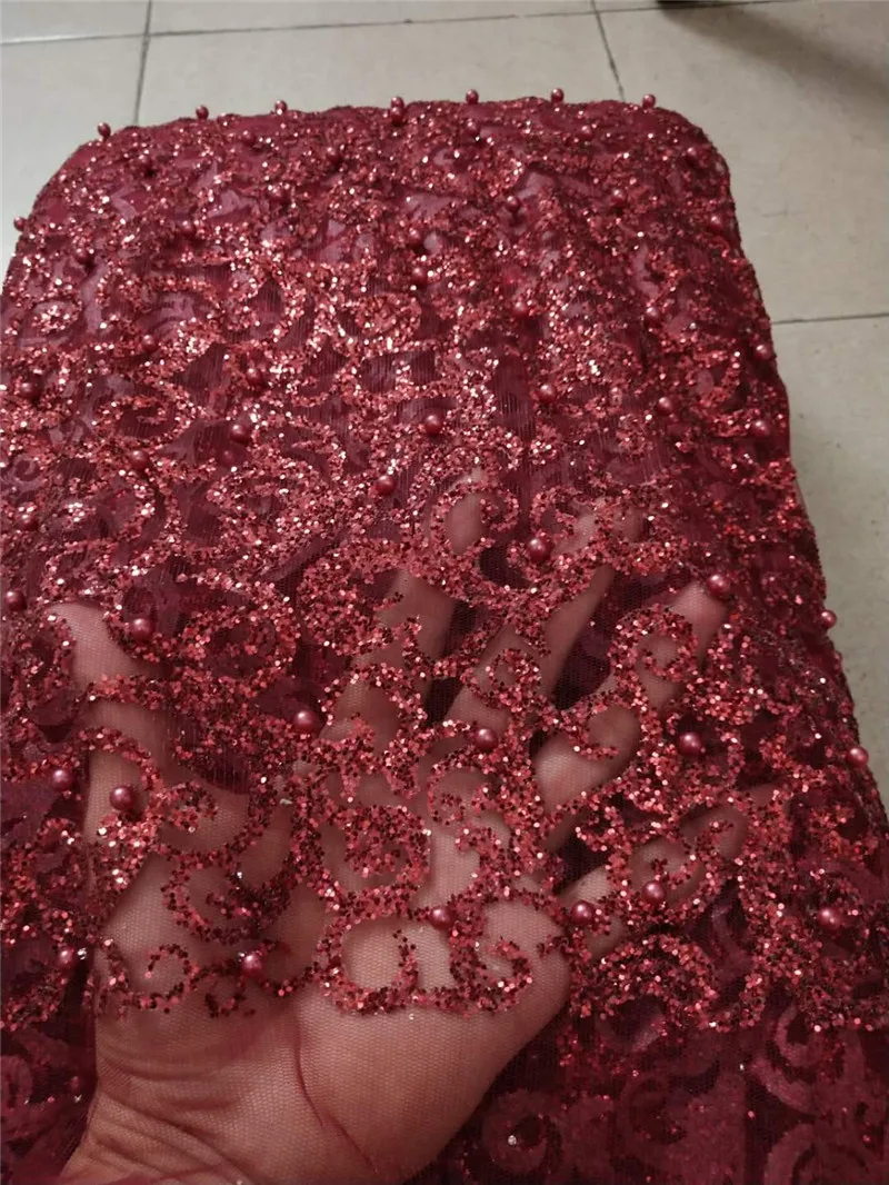 

Dark red Printed glued glitter with beads Lace Fabric H-181081 Glued Glitter tulle fabric for beautiful dress or party dress