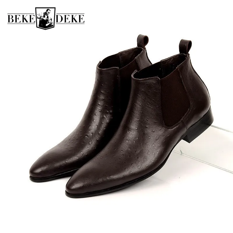 Brand Fashion Mens Ankle Boots Genuine Leather Comfortable Brown Black Pointed Toe Wedding Men Dress Shoes Chelsea Boots 37-44