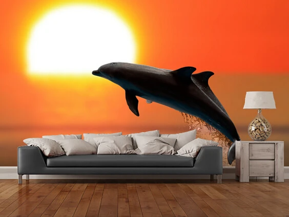 

Custom wallpaper for children. At sunset Dolphins. 3D Dolphin mural for children's room living room kitchen wall PVC wallpaper