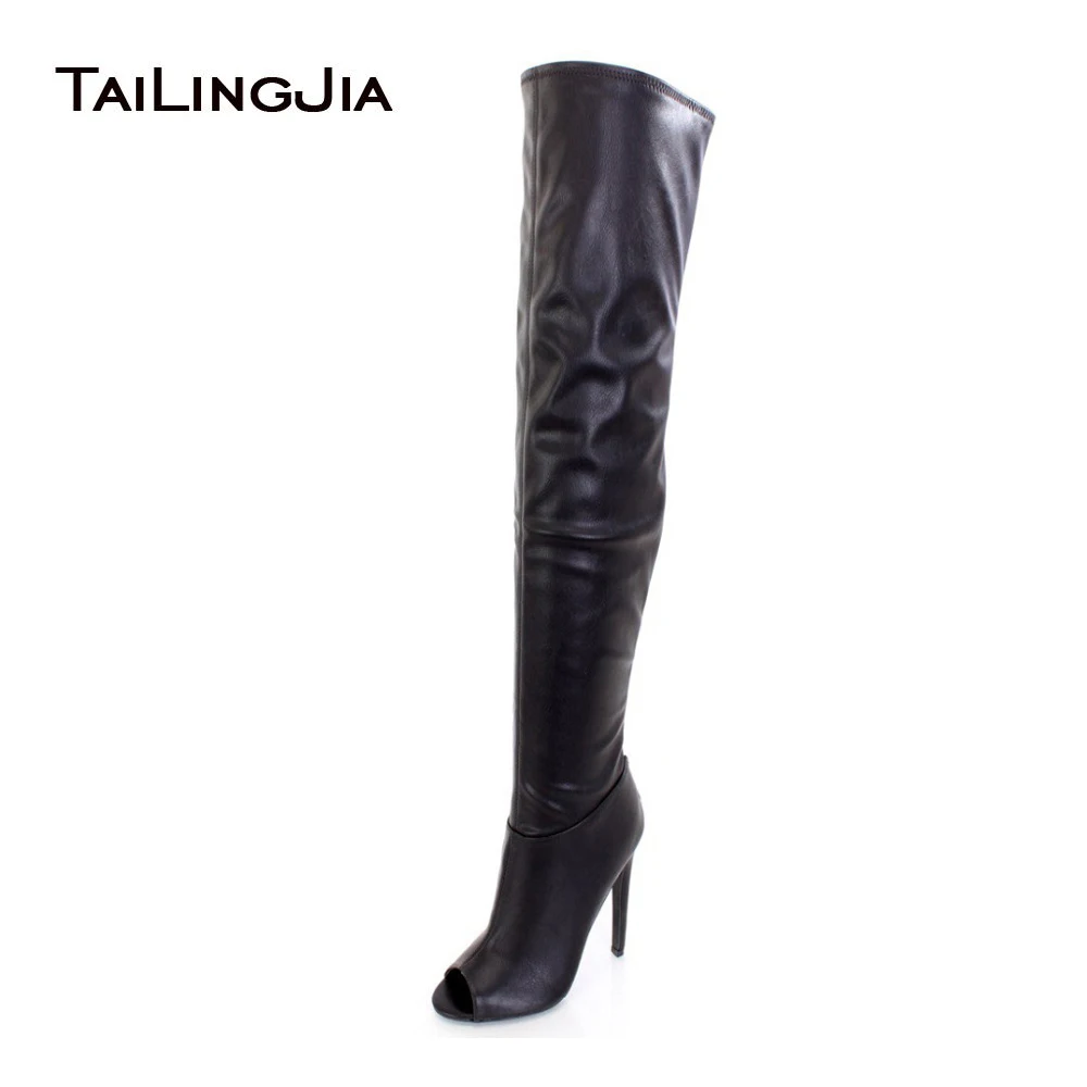 2021 Sexy Women Black Peep Toe Thigh Boots High Heel Over The Knee Boots Ladies Stilettos Long Boots Large Size