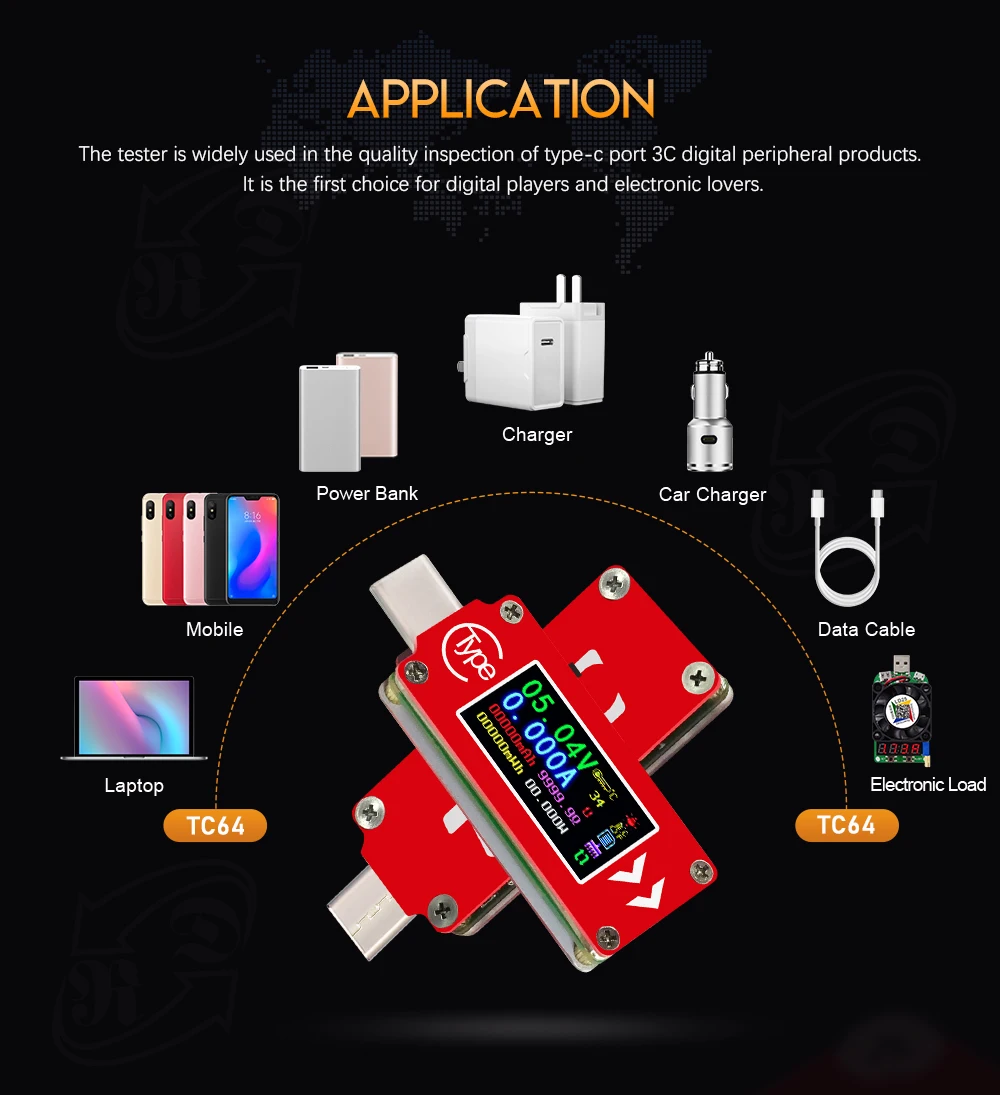 TC64 USB Voltmeter ammeter voltage current meter multimeter battery PD charge power bank Type-C color LCD USB Tester