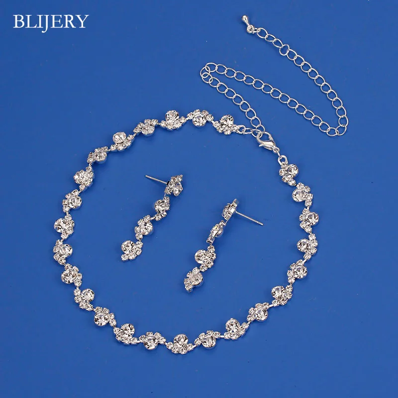 BLIJERY Silver Color Rhinestone Crystal Choker Necklace Earrings Set for Women Floral Bridesmaid Bridal Wedding Jewelry Sets