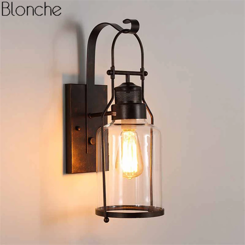 

American Loft Retro Metal Wall Lamp Glass Lampshade Wall Sconce Led Lights for Restaurant Cafe Bar Stair home Industrial Decor