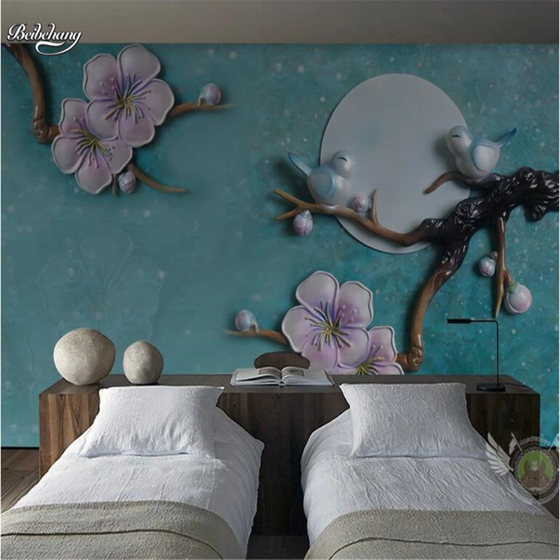 

wellyu New Chinese Plum Blossom Stereo Embossed Birds TV Backdrop Customized Large Mural Nonwovens Wallpaper