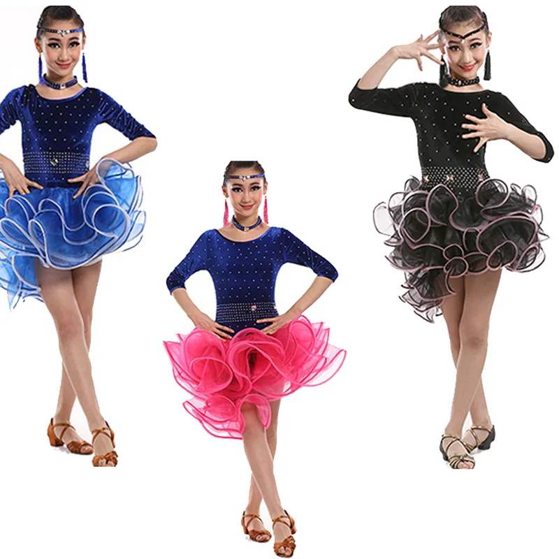 

New Style Girl's Latin Dance Costume Latin Dance Diamond Dress For Girls Kids Latin Dance Competition Dresses