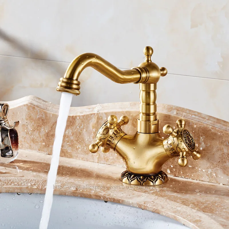 Double Cross Handle Bathroom Faucet Antique Brass Cold Hot Mixer Tap Lavatory Vessel Sink faucets