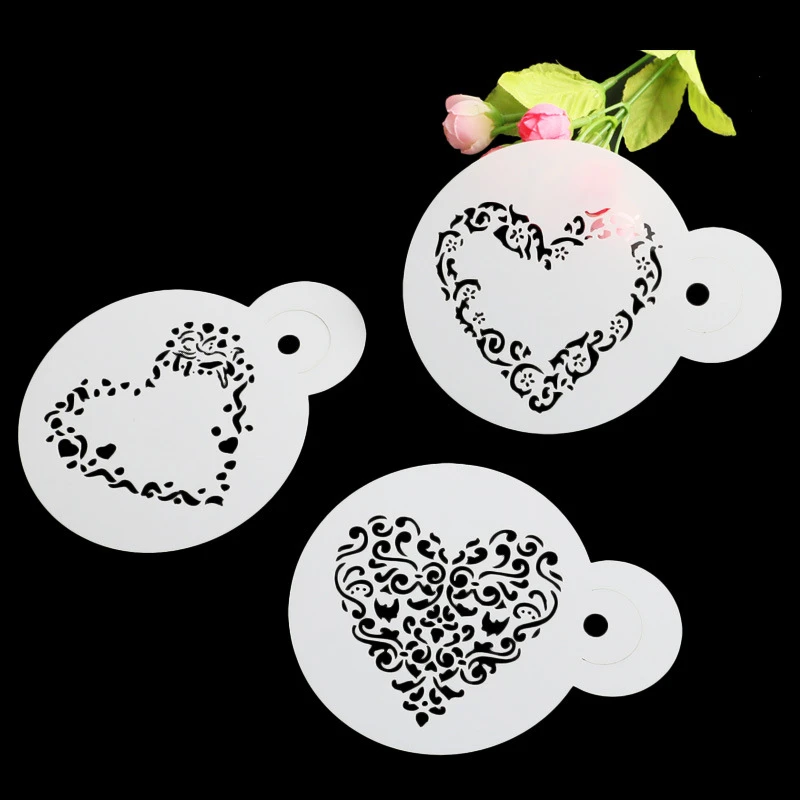 Aomily 3pcs/Set Heart Shape DIY Cake Mold Stencils Airbrush Painting Art Molds Fondant Decorating Tools Coffee Espresso Stencils