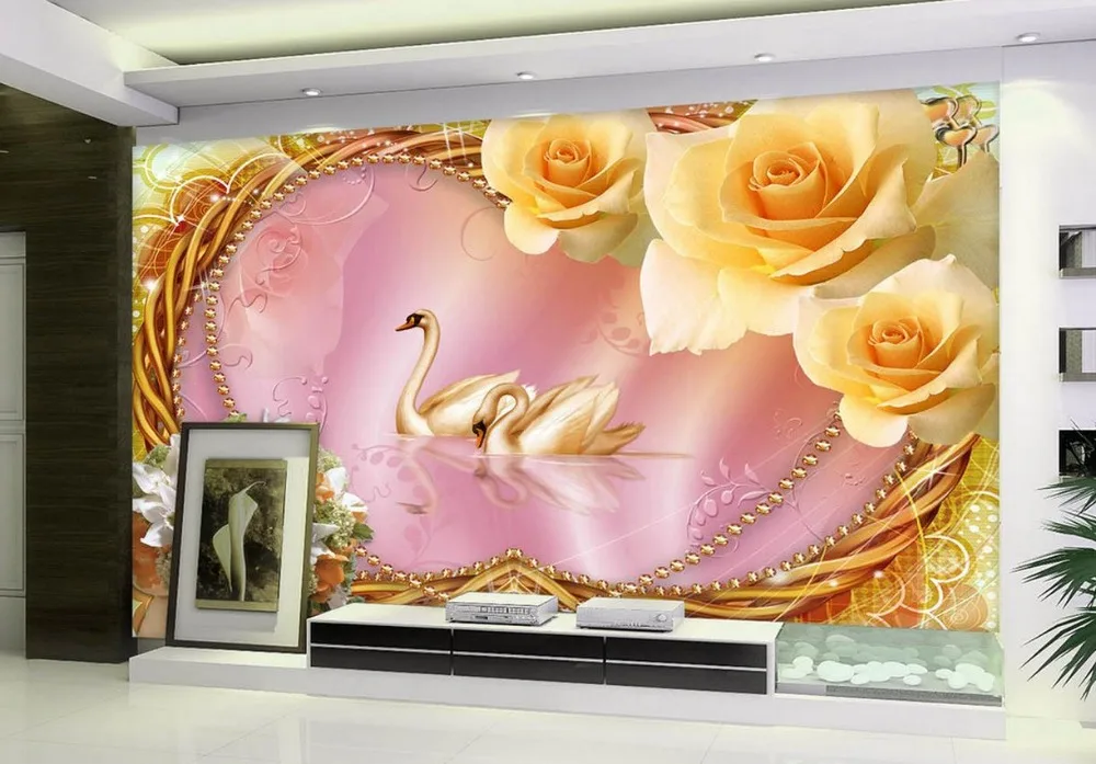

Wall Decoration Gold rose romantic swan love Mural 3d wallpaper 3d wall papers for TV backdrop Non woven wallpaper