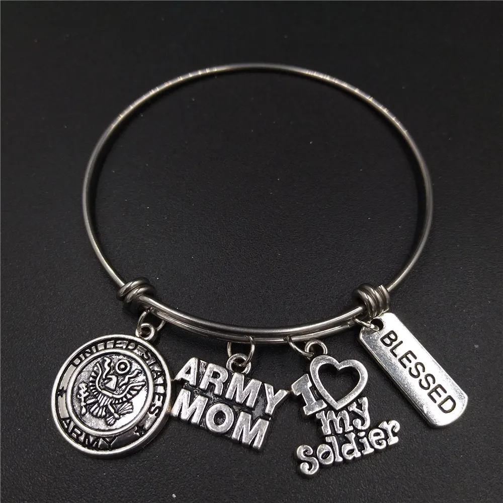 64mm Diameter High Polished Stainless Steel Adjustable Wire Bangle USA Army Mom Charm I Love My Soldier Bracelet Dropshipping