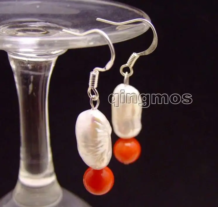 12-15mm White Baroque Natural Freshwater Pearl and 6-7mm Round Red Coral dangle Earring