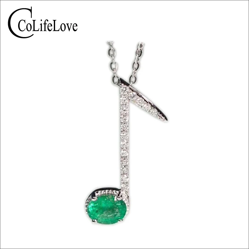 Fashion silver music note pendant inlay with 4 mm * 5 mm SI grade natural emerald solid 925 silver emerald pendant romantic gift