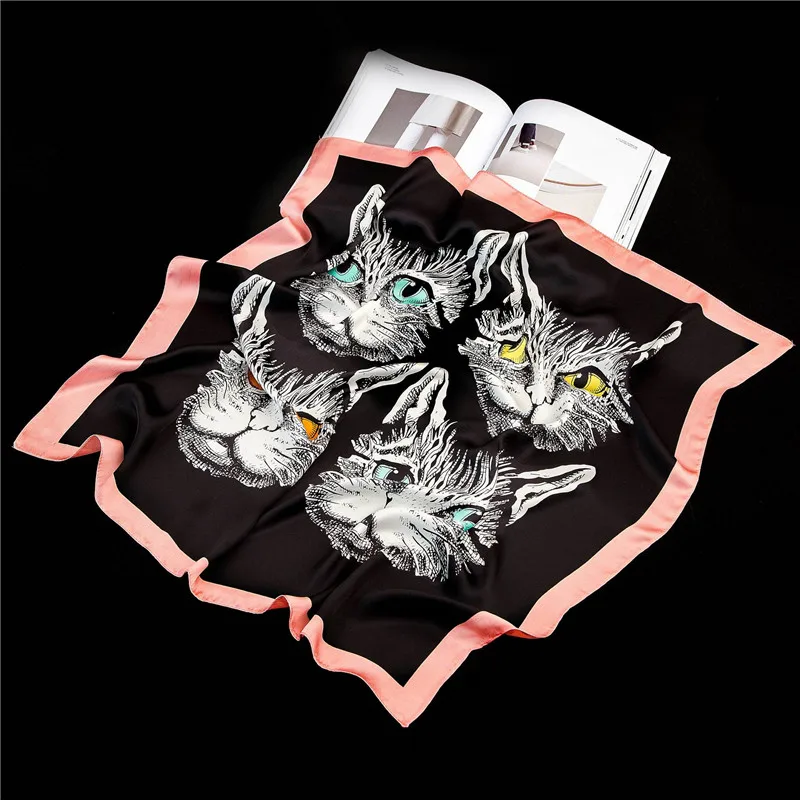 POBING 70cm*70cm Cat Head Small Square Scarves Hijab Luxury Brand Stain Silk Women Scarf Lady Headband Print Neckerchief Bandana