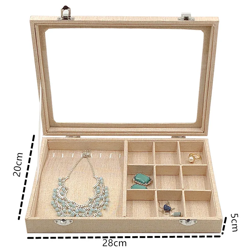 Velvet Carrying Case with Glass Cover Jewelry Ring Display Box Tray Holder Storage Box Organizer Earrings Ring Bracelet