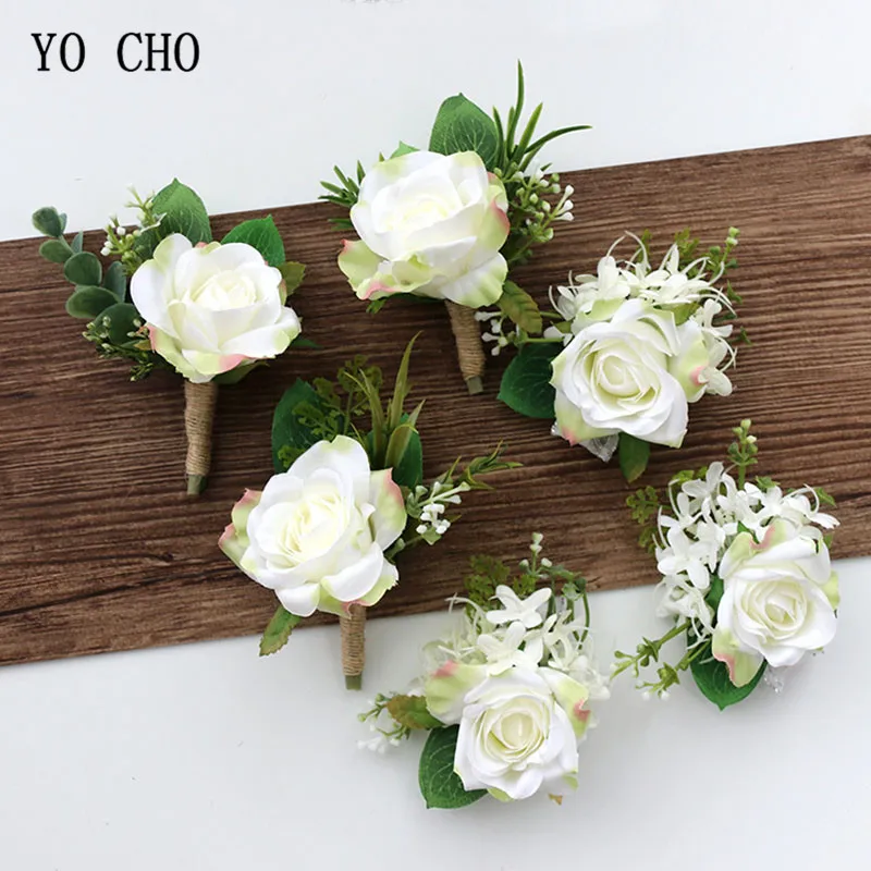 YO CHO Quality Wedding Decor White Artificial Wrist Flower Silk Rose Boutonniere Ribbon Party Prom Bridemaid Corsage Hand Flower