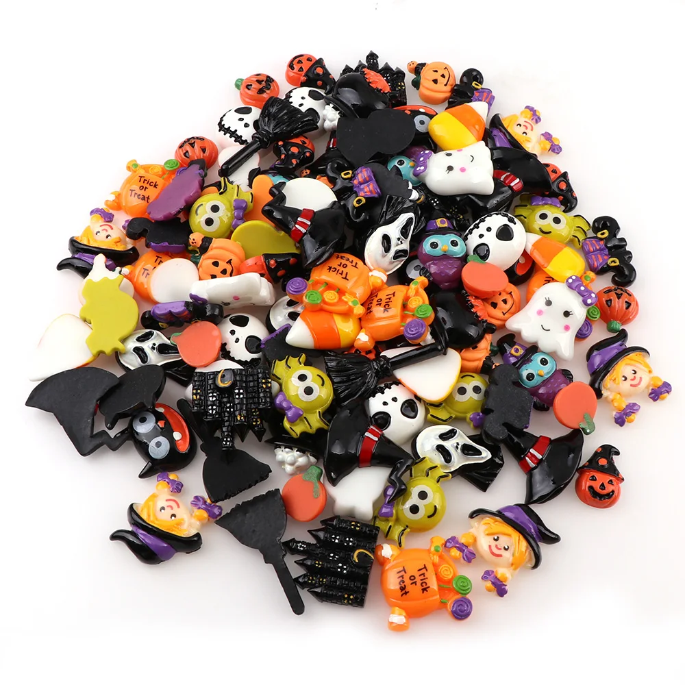 50PC Broom Horse Pumpkin Cloud Witch Resin Flatback Cabochon Kawaii Resin Craft Decoration Miniature Resin Halloween For DIY