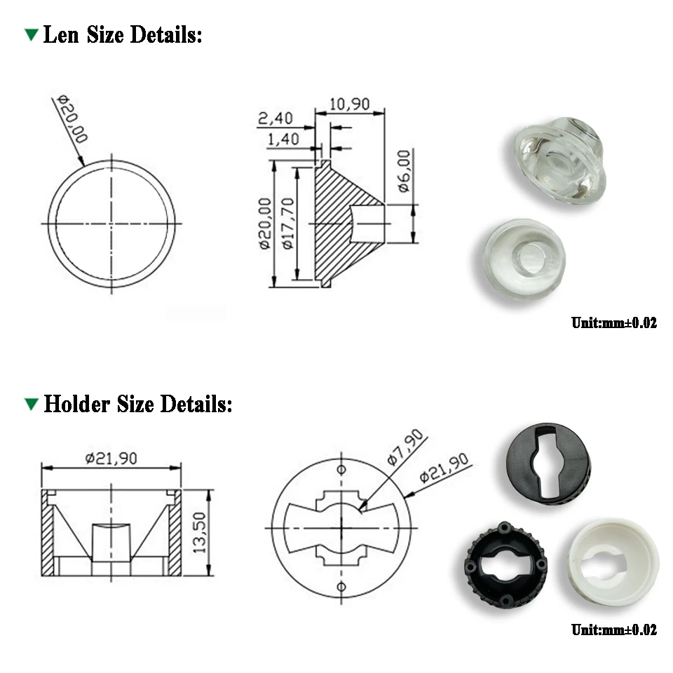 20MM LED Lens 1W 3W 5W High power light beads lense 5 8 10 15 30 45 60 120 Angle PMMA Smooth face led chips Cover for spotlights