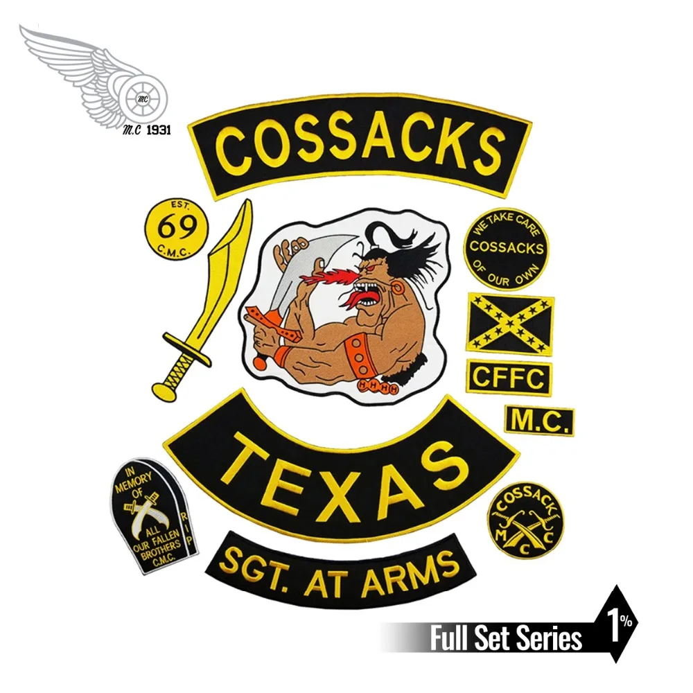 

12pcs/ A SET COSSACKS TEXAS MC Embroidered Iron-On Sew On Biker Rider Patch Full Back Size Jacket Vest SGT. AT ARMS Rocker Patch