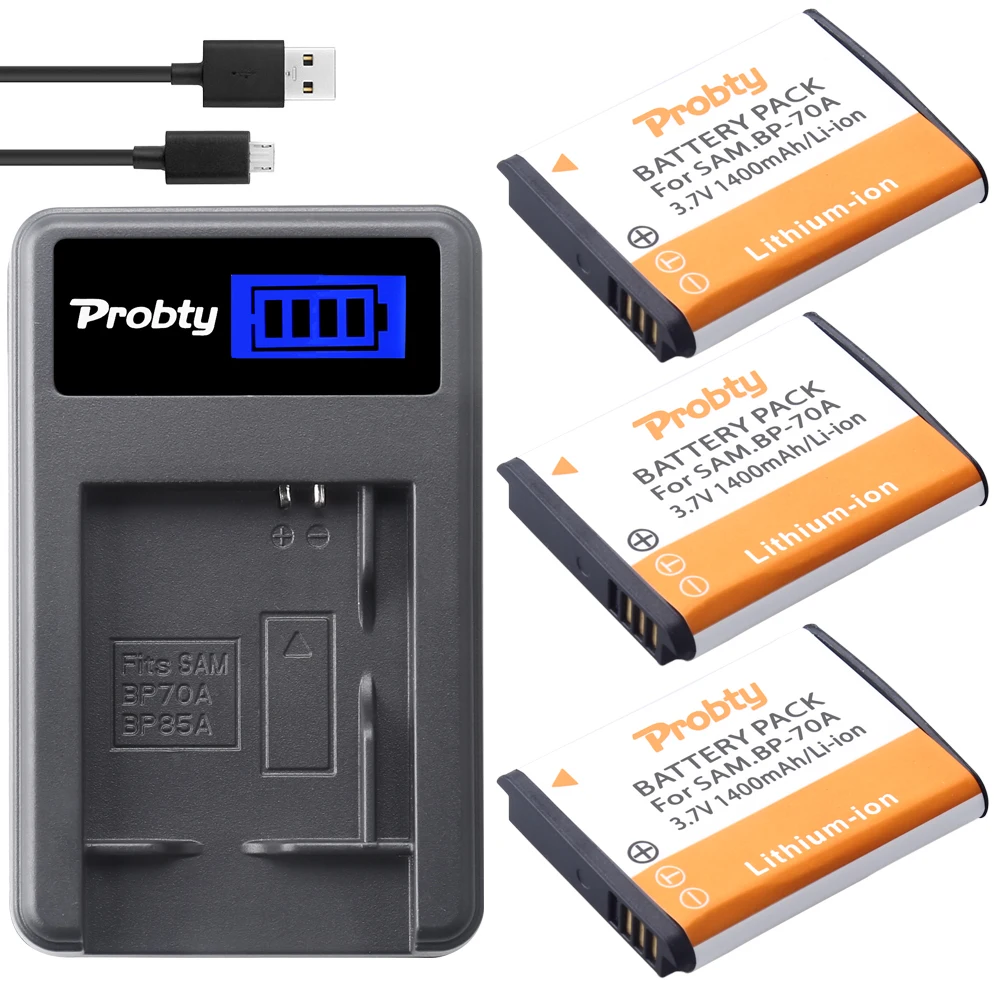 Probty 3x BP-70A BP70A Batteries + USB charger for Samsung ES65 ES67 ES70 PL100 PL101 PL120 SL50 SL600 SL605 SL630 TL105 TL110