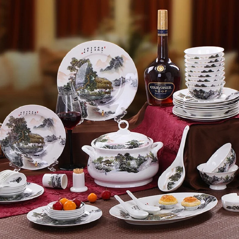 Jingdezhen guci  tableware ceramic tableware 56 pieces  bone china tableware bowls plates and saucers