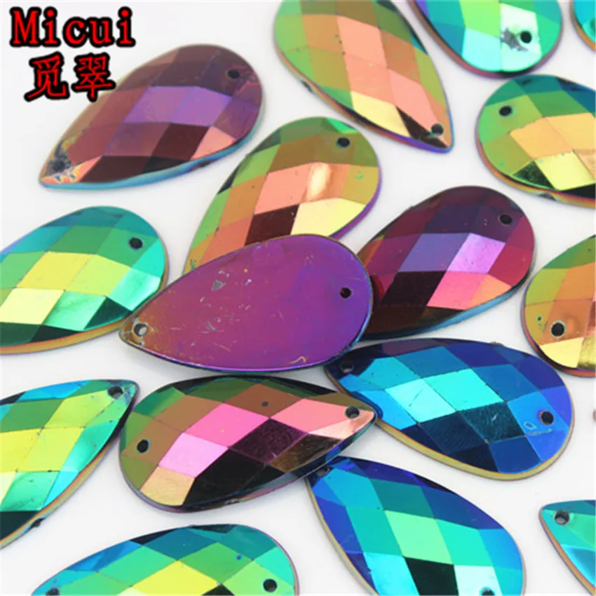 Micui 30PCS 16*30mm Drop Shape AB  Acrylic Rhinestone Sew On Flat Back Fancy Crystal Stones For Clothing Dress Decorations ZZ421