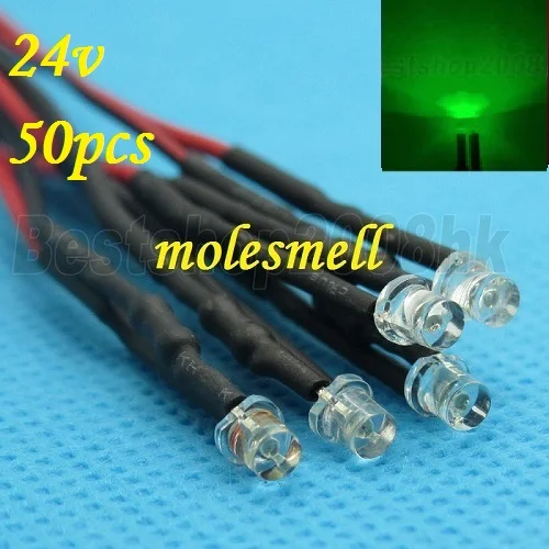 Free shipping 50pcs 3mm 24v Flat Top Green LED Lamp Light Set Pre-Wired 3mm 24V DC Wired 3mm big/wide angle green 24v led