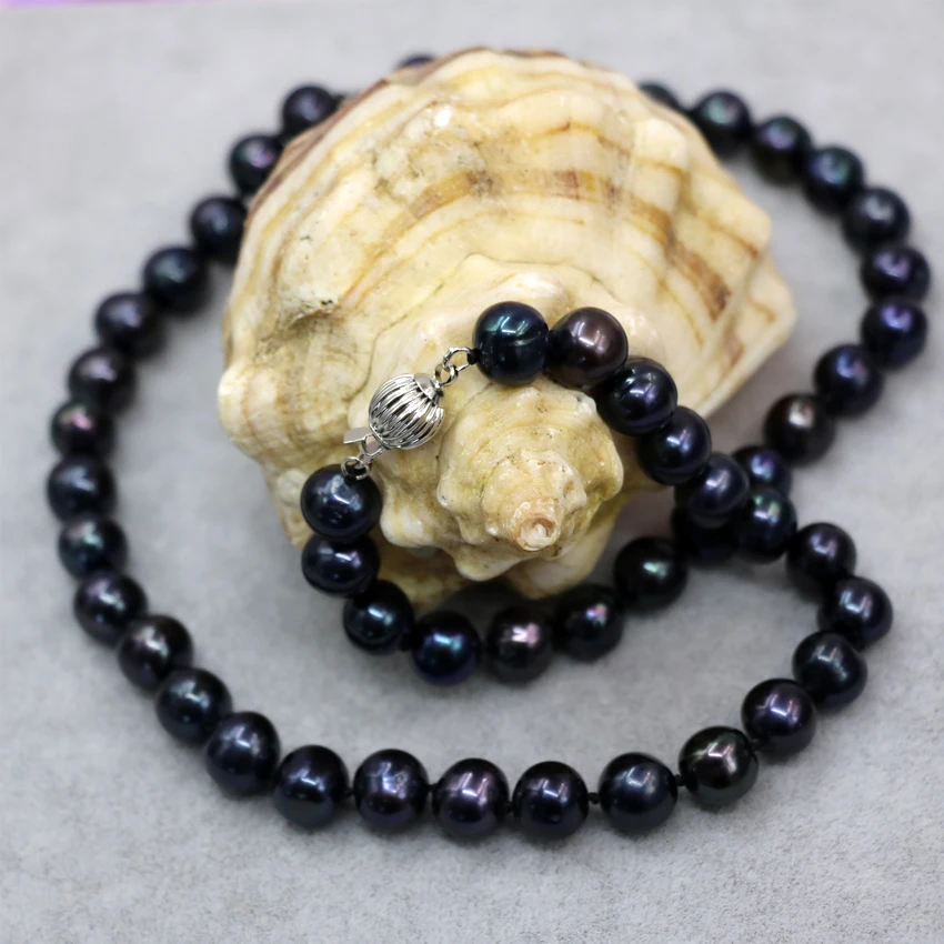 Wholesale price elegant 9-10mm natural freshwater cultured black pearl approx round beads necklace women jewelry B18inch B3021