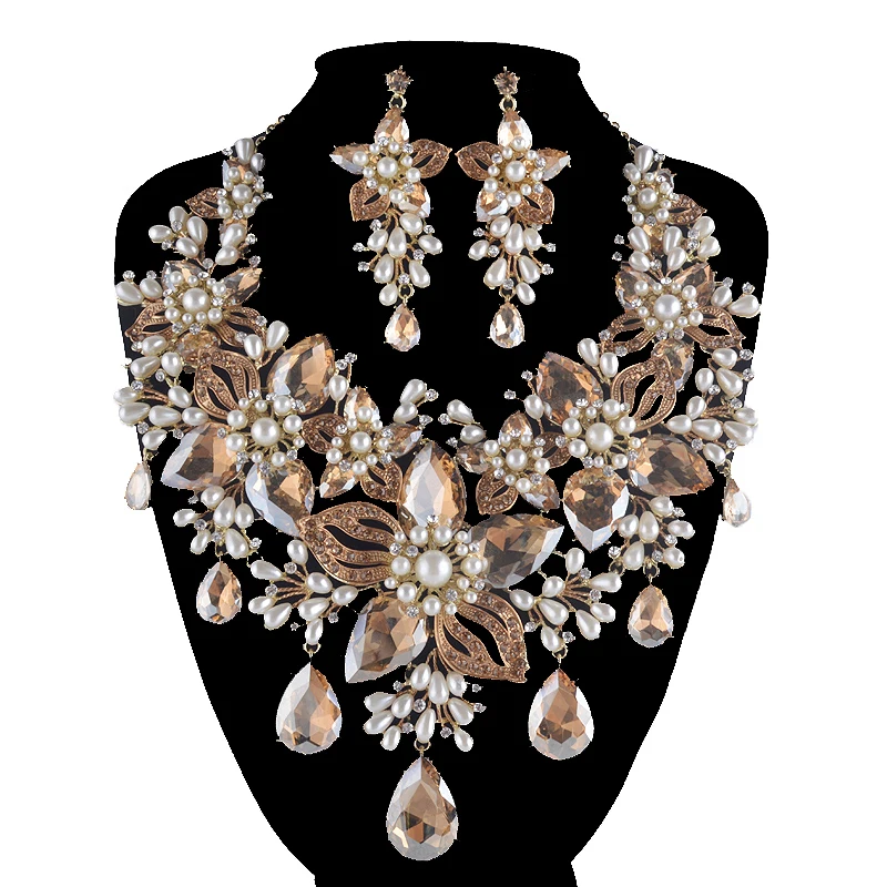 Bridal Jewelry Set Women Wedding Rhinestone White Pearl Necklace Earrings Champange Color Teardrop Flowers Style Statement Sets