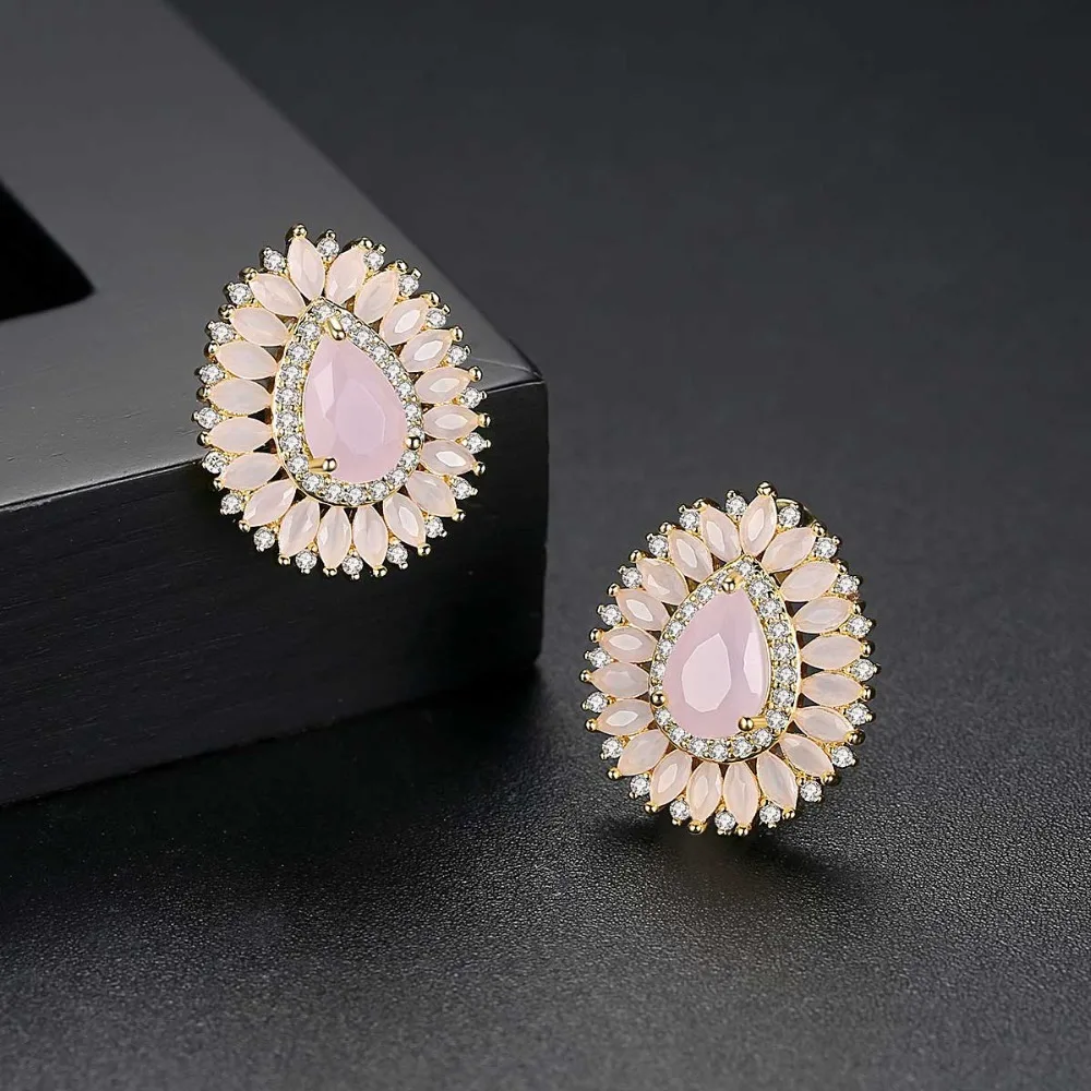 LUOTEEMI Brand Design Women Pink Green Big Stud Earrings for Wedding Party Water Drop Paved CZ Fashion Earrings 2022 Trend New