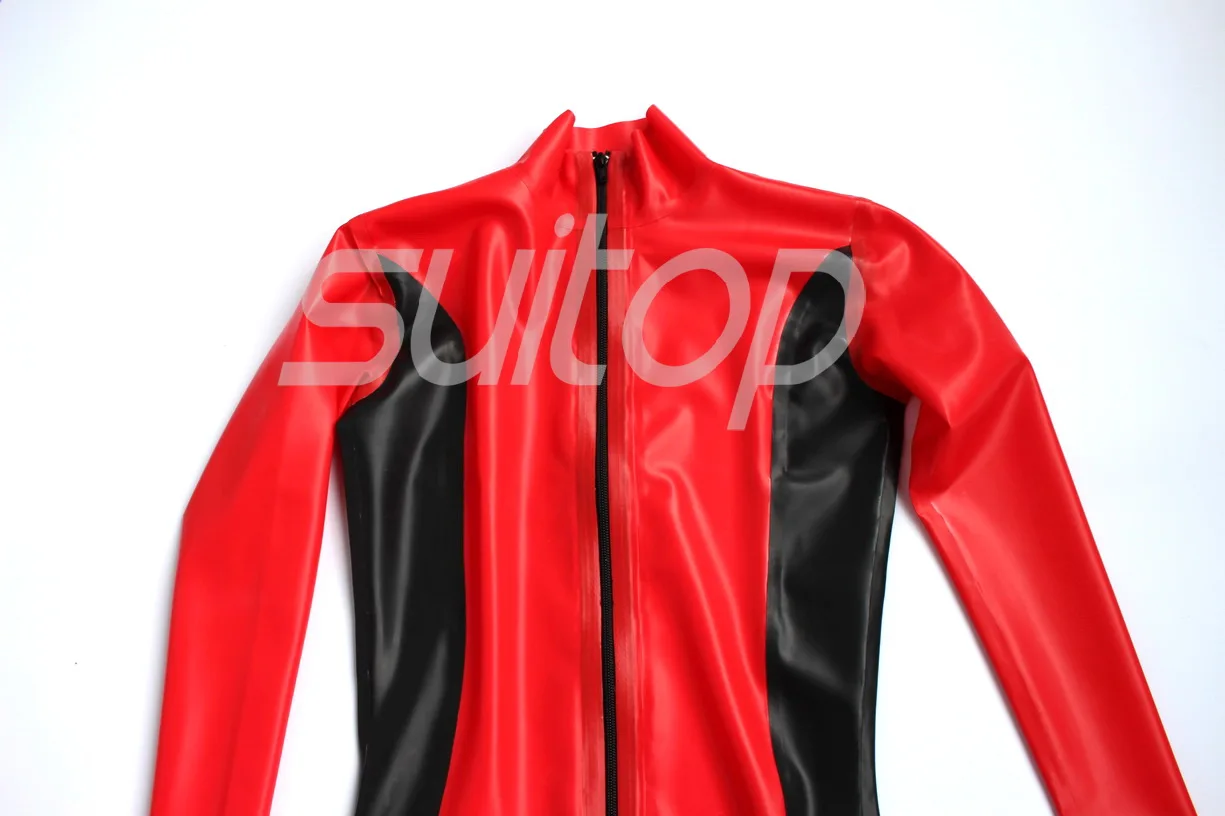 Catsuit da uomo in gomma rossa in lattice con guanti zentai da donna sexy e calda con zip frontale attraverso il cavallo