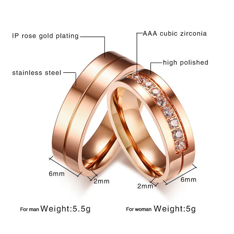 Vnox Trendy Wedding Bands Rings for Women / Men Love Rose Gold-color Stainless Steel CZ Promise Jewelry Personalized alliance