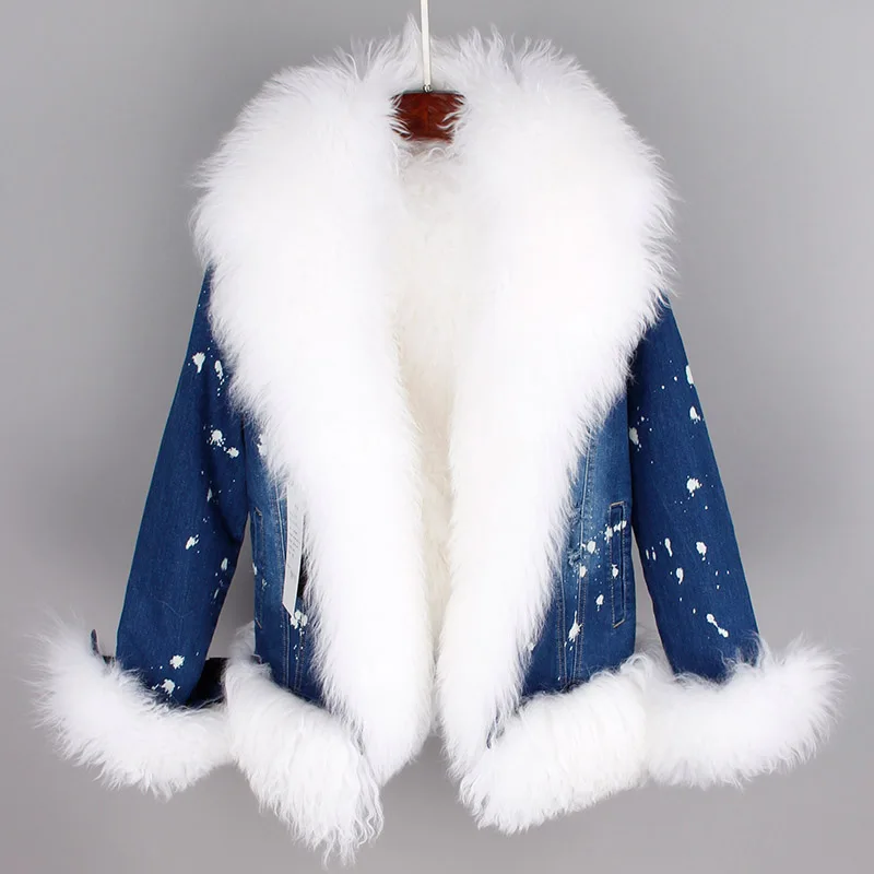 Mao mao kong Natural wool lined with luxurious wool fur collar denim coat winter casual warm fashion short fur jacket Women\'s ja