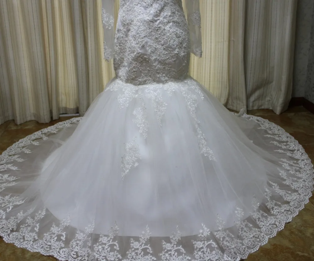 2019 Hình Thật 100% Nàng Tiên Cá Phối Ren Tay Dài Váy Áo Tull Appliques Áo Dài Cô Dâu Đầm Vestido De Noiva Áo Dây De Mariage