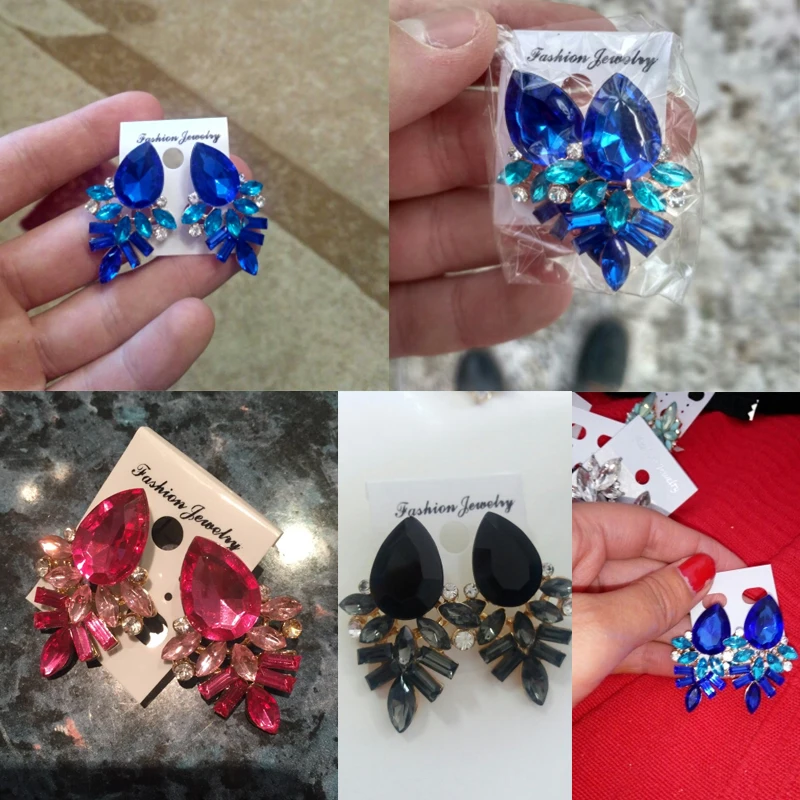 NEW Women Fashion Jewelry Style Blue/Black/Pink Earrings Handmade Rhinestone sweet stud crystal  earrings for women girl