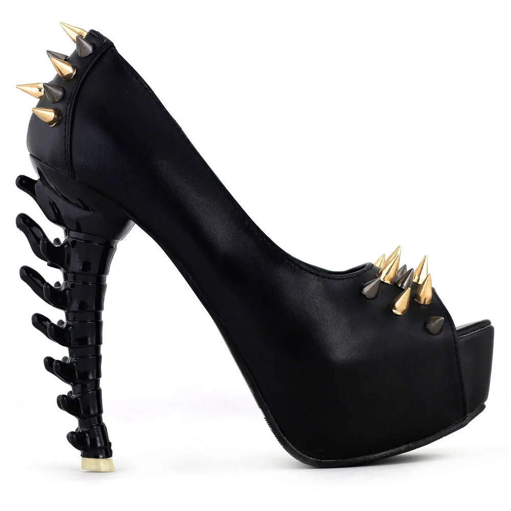 LF80627 Punk Black/Gold Spike Peeptoe Platform Bone Heels Club Pumps