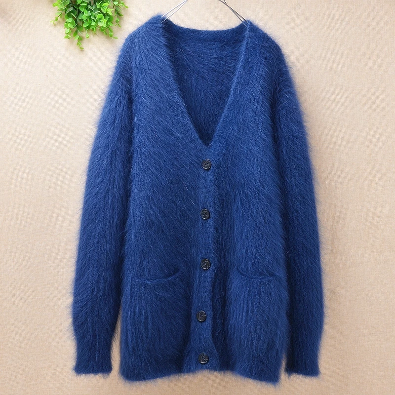 Thicken warm medium long 100% mink cashmere stripes V-neck cardigan lady Women loose long sleeves angora fur sweater coat winter