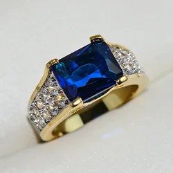 Vintage Gold Luxury Blue Crystal AAA Cubic Zirconia Rings For Men and Women Metal Plated silver wedding engagement party Ring
