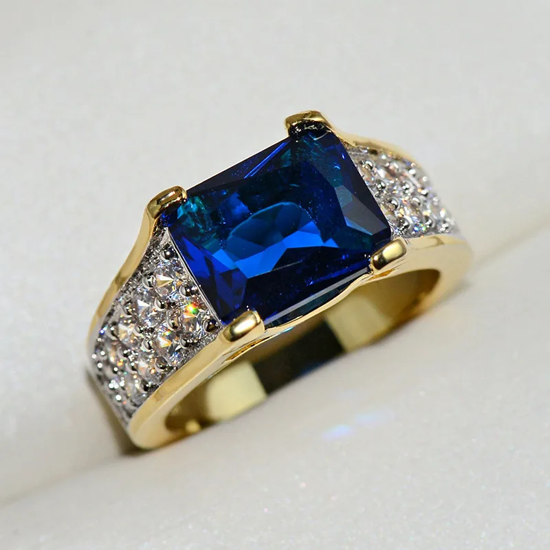 Vintage Gold Luxury Blue Crystal AAA Cubic Zirconia Pierścionki dla mężczyzn i kobiet Metal Plated srebrny ślubny pierścionek zaręczynowy