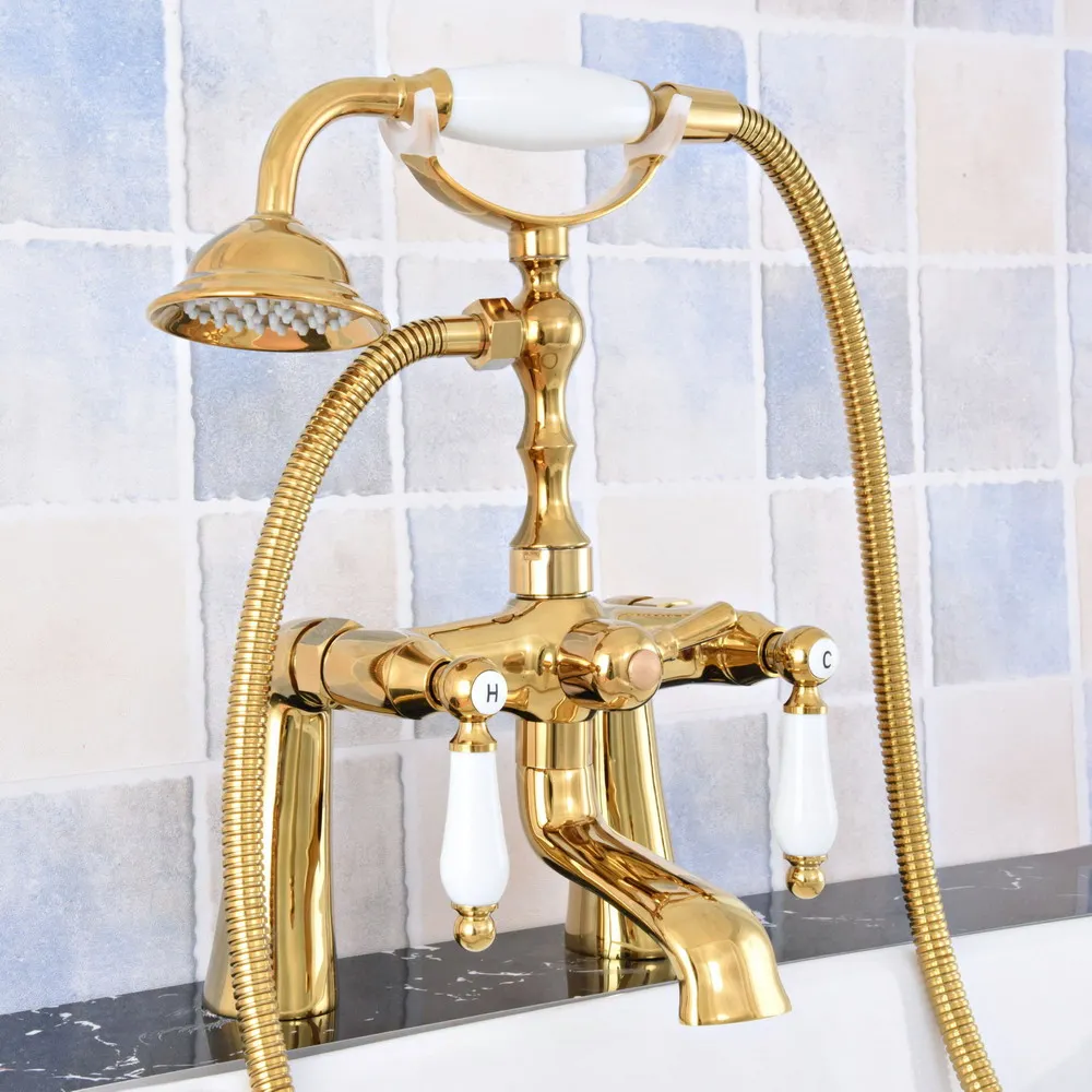 Luxury Gold Color Brass Deck Mounted Bathroom Tub Faucet Dual Handles Telephone Style Hand Shower Clawfoot Tub Filler atf782