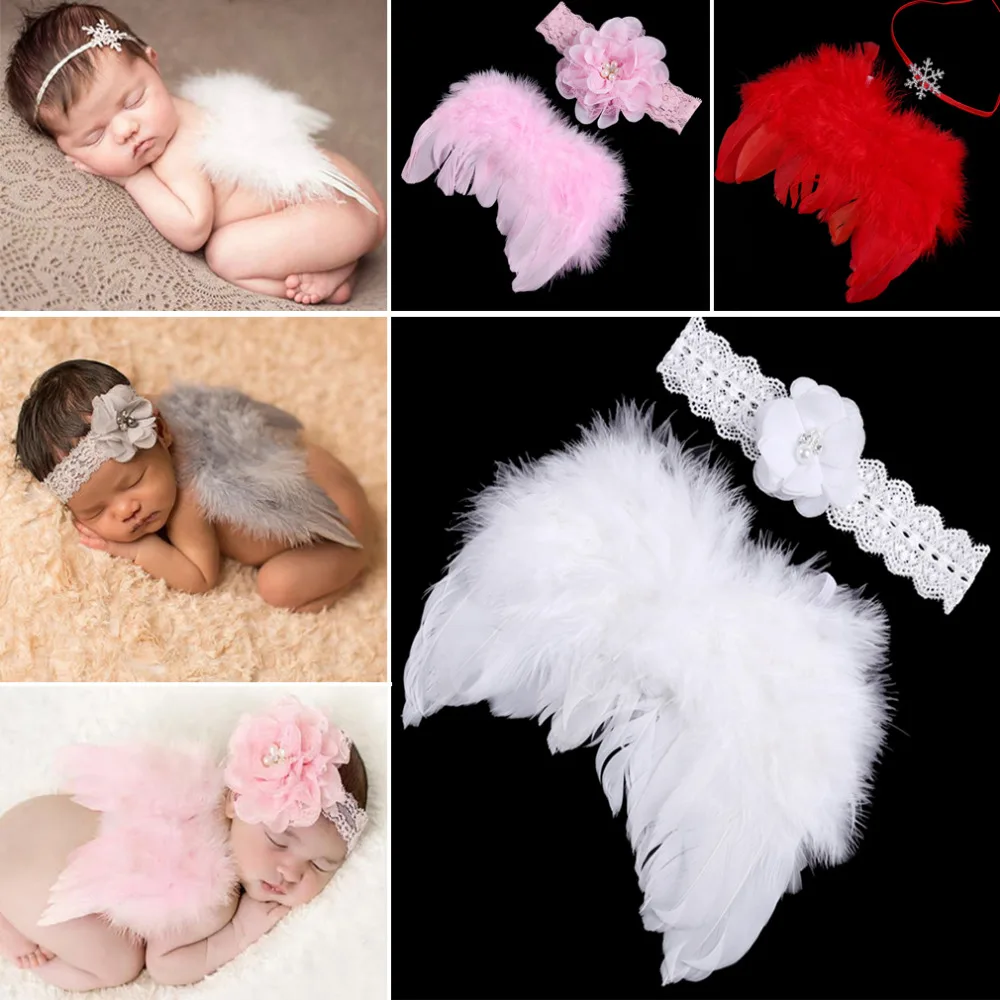 Lovely Baby Newborn Photography Props Infant Girls White Angel Feather Wings Wing Set Costume + Headbands Kids Outfit Photo Prop