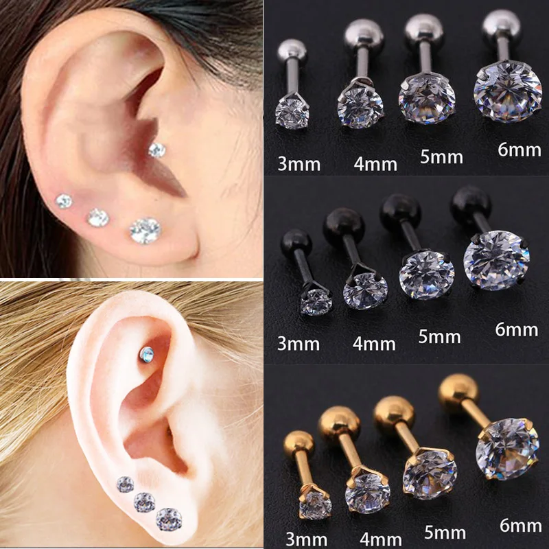 Starbeauty 1.2*6+3/4/5/6mm Round Zircon Lobe Conch Upper Cartilage Stud Earring Tragus Helix ear Piercing Top Upper Body Jewelry